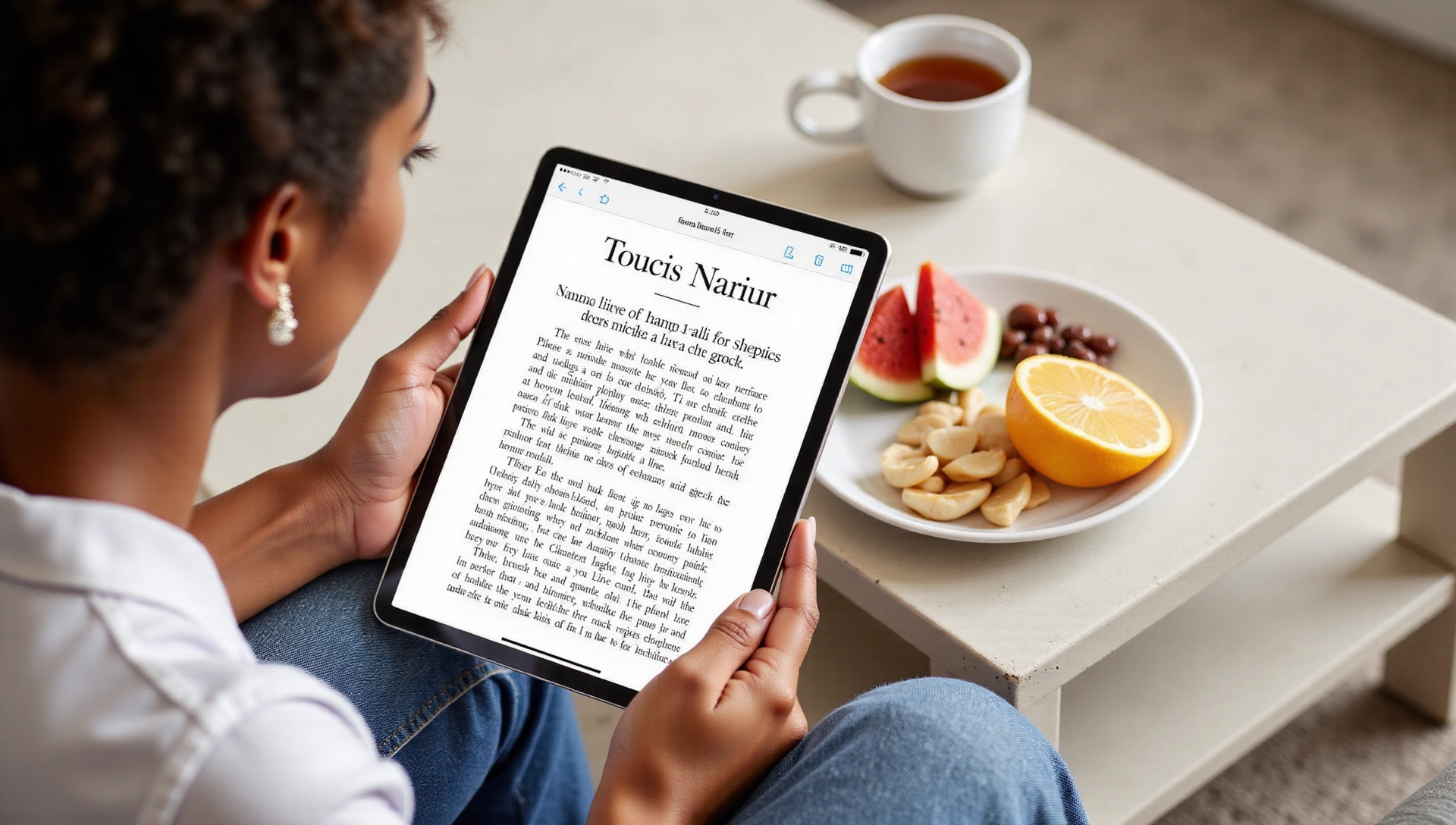 Persona leyendo un artículo sobre nutrición en una tableta con un snack saludable.
