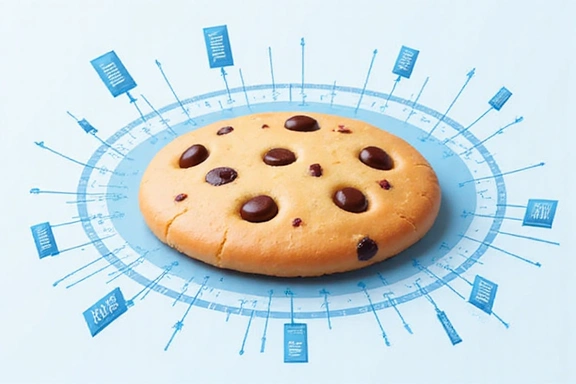 Ilustración de una galleta (cookie) digital con datos fluyendo alrededor, representando la privacidad y la tecnología.