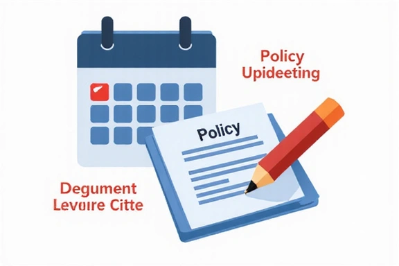 Ilustración de un calendario y un documento, simbolizando actualizaciones de políticas y fechas.