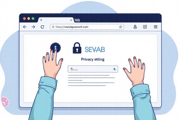 Persona ajustando la configuración de privacidad en un navegador web, con iconos de candado y engranaje.