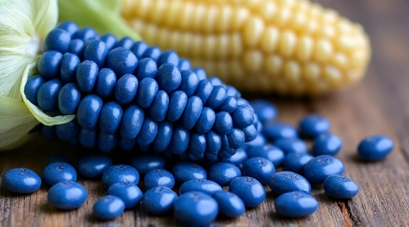 Imagen de una mazorca de maíz azul y granos
