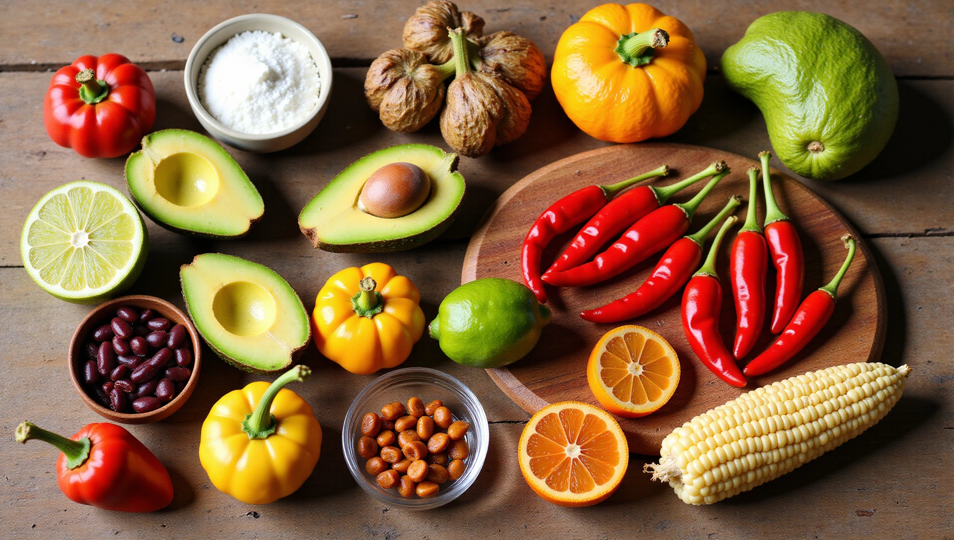 Ingredientes mexicanos frescos y coloridos en una mesa rústica