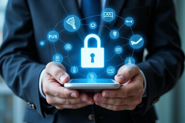 Manos sosteniendo un smartphone con iconos de seguridad de datos flotando, representando la protección de la información