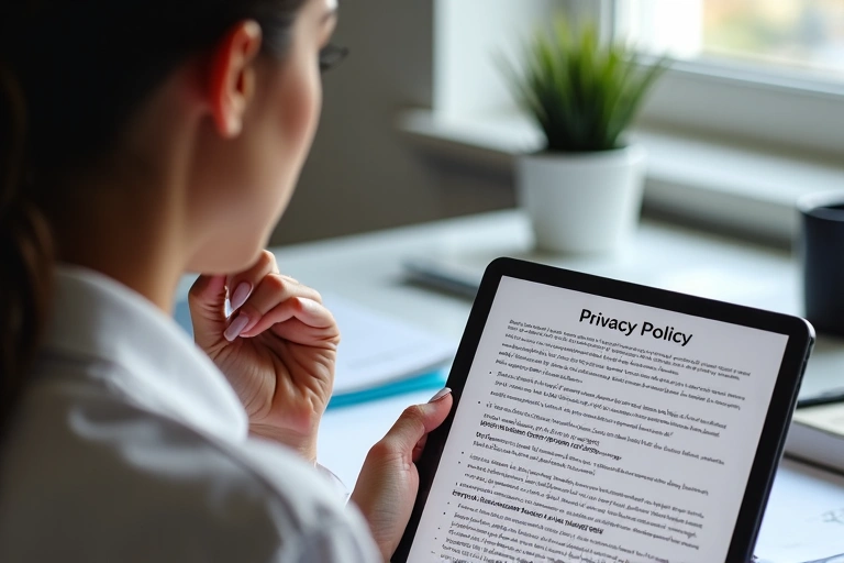 Mujer leyendo un documento de privacidad en una tableta, con el fondo de un escritorio ordenado