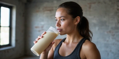 Atleta consumiendo un batido de proteínas después de un entrenamiento intenso.