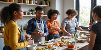 Grupo de personas participando en un taller de cocina saludable, con un nutricionista guiándolos.