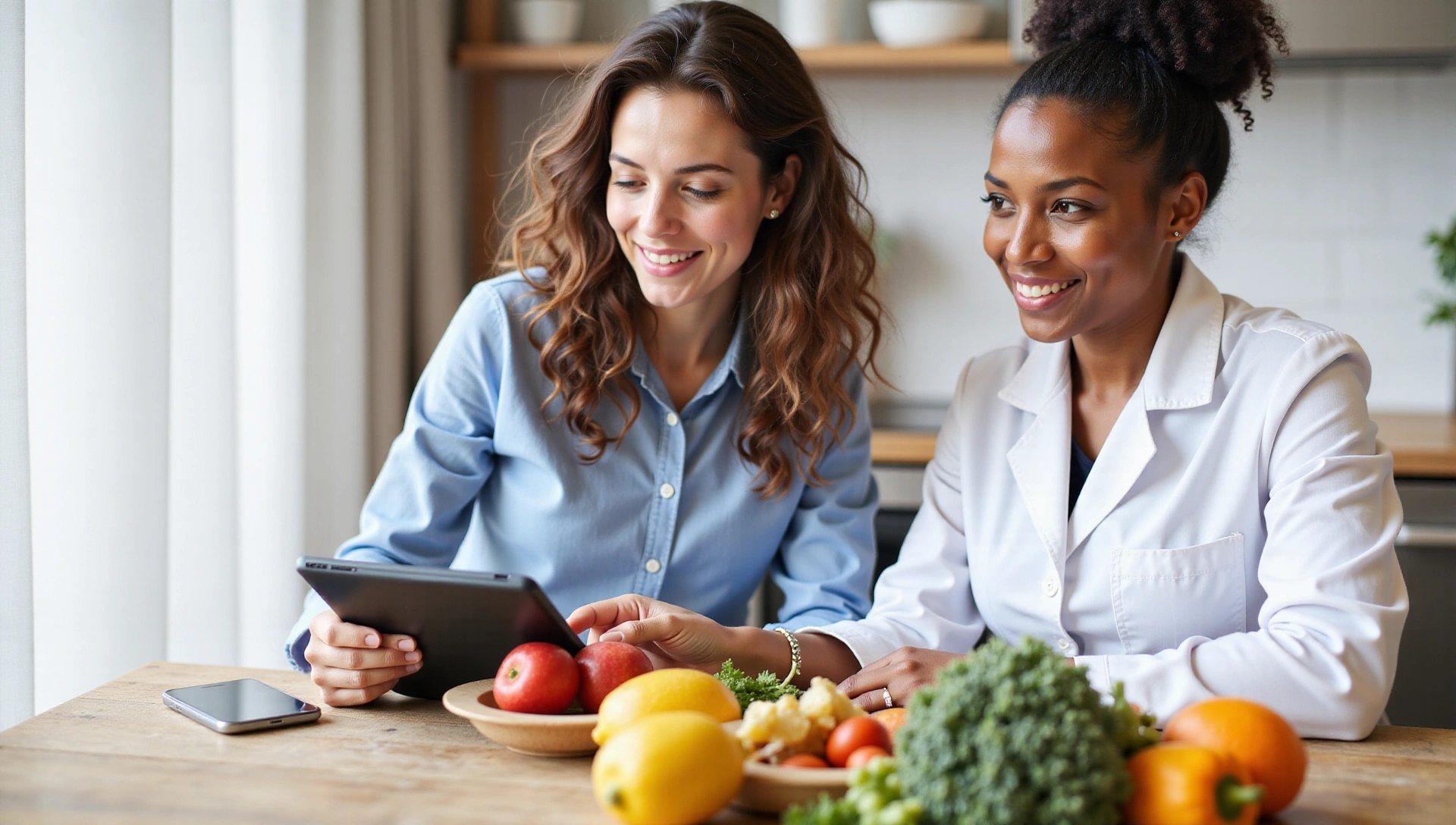 Nutricionista consultando con paciente sobre una tablet con alimentos saludables al fondo.