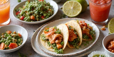 Variedad de platos saludables mexicanos como tacos de pescado, ensalada de nopal y agua fresca.