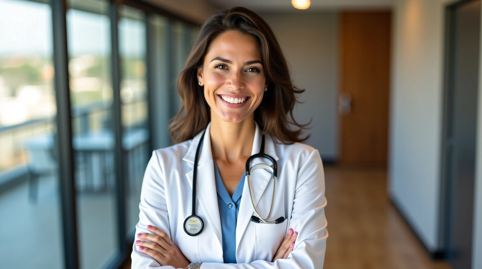 Nutricionista sonriente en una oficina moderna, con un fondo suave y acogedor.